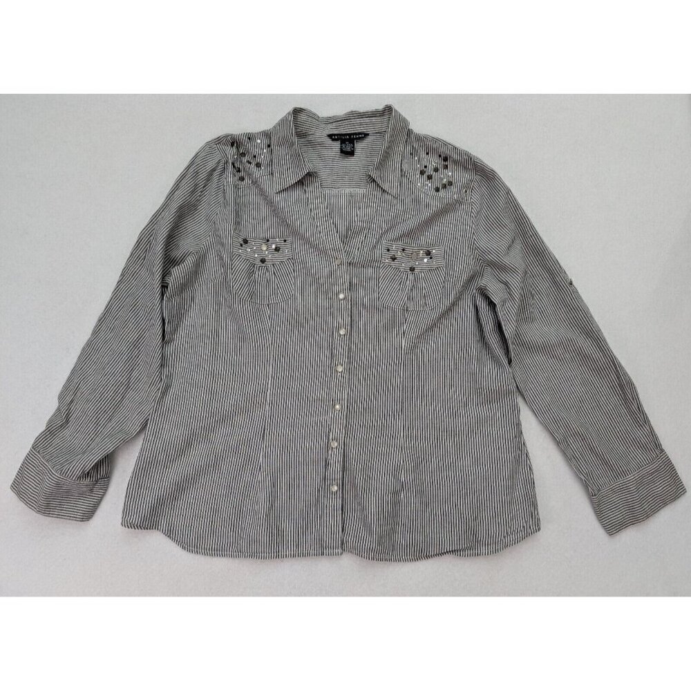 Antilia Femme Women's Top Size 2X Gray Striped Long Sleeve Button-Up